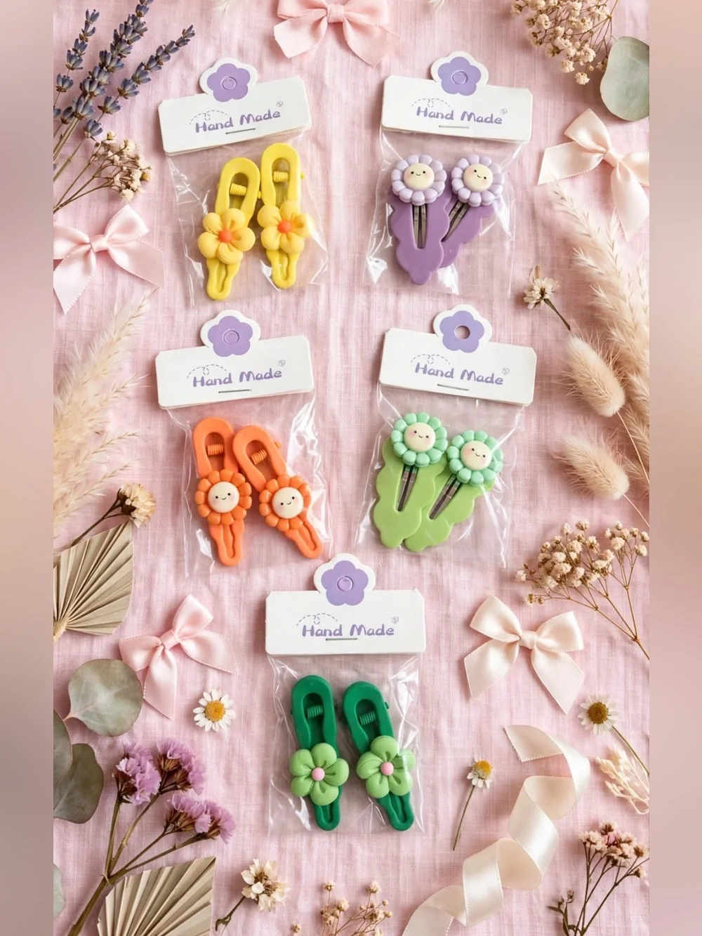 Hand Made Floral Girl’s Hair Clips - Bright Yellow, Purple, Orange, Green, Teal